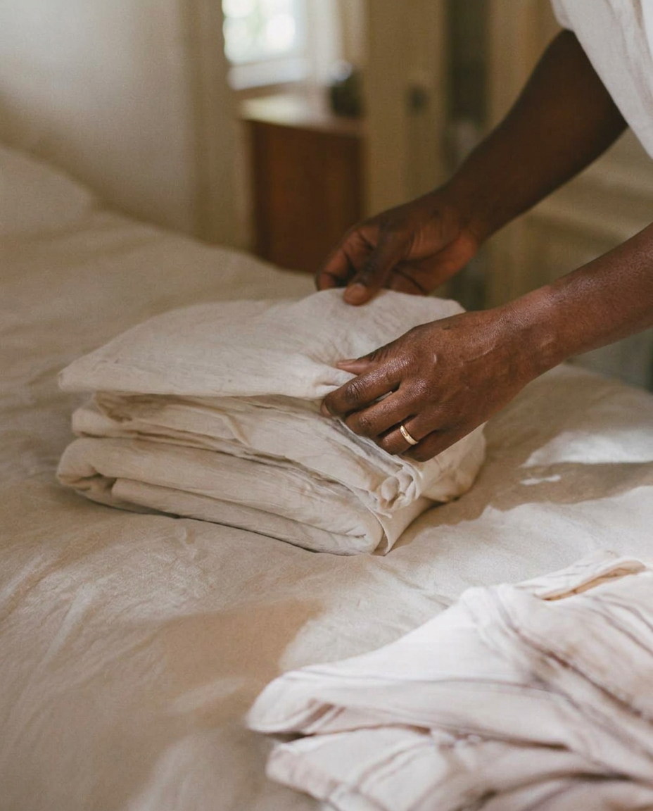 Hands folding warm laundry on a bed