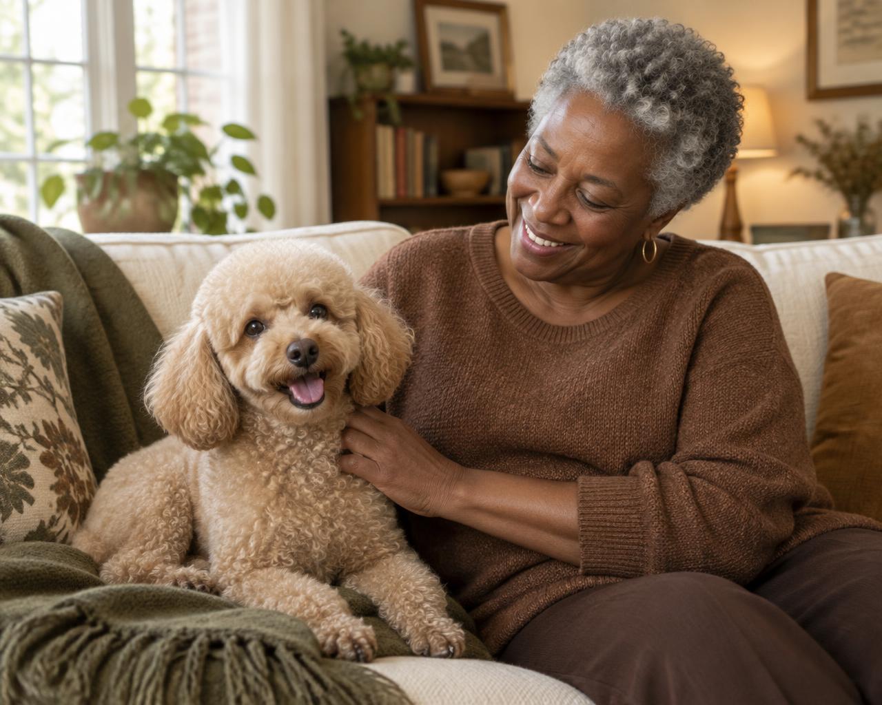 Mila, a mini poodle, curled up on a couch beside a client during a home visit