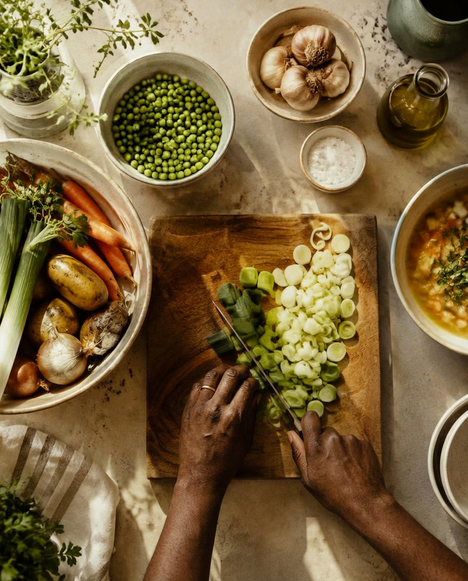Hands chopping leeks for soup beside fresh vegetables