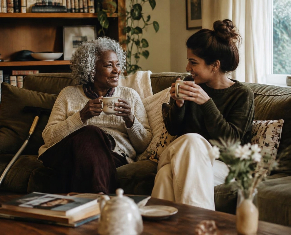 Two women of different generations sharing tea and laughing on a couch