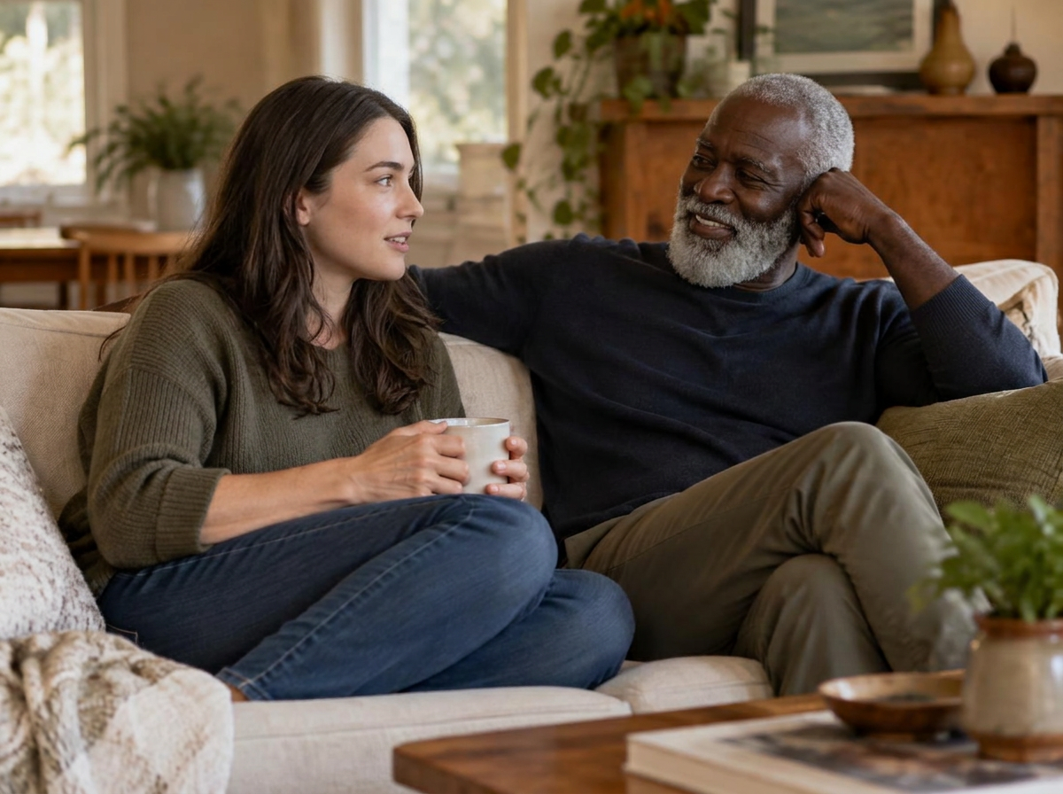 An older man and a younger woman sharing conversation during a companionship visit at home